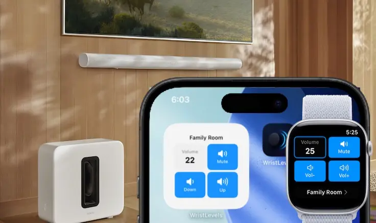 WristLevels on Apple Watch and iPhone Widget in front of room with Sonos speakers